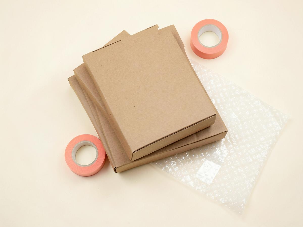 Cartons de déménagement, ruban adhésif et papier bulle